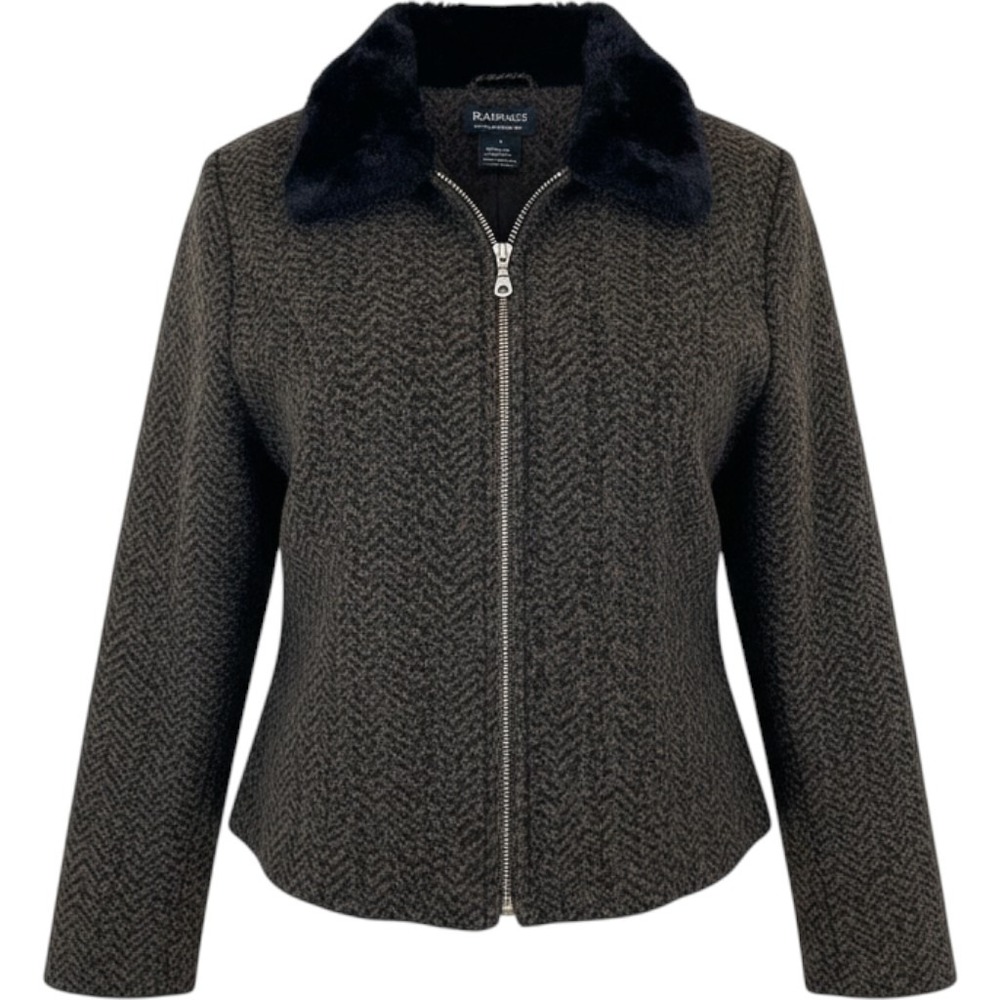 Barrage Authentic Women L Herringbone Zip Up Jacket Faux Fur Trim Brown Black